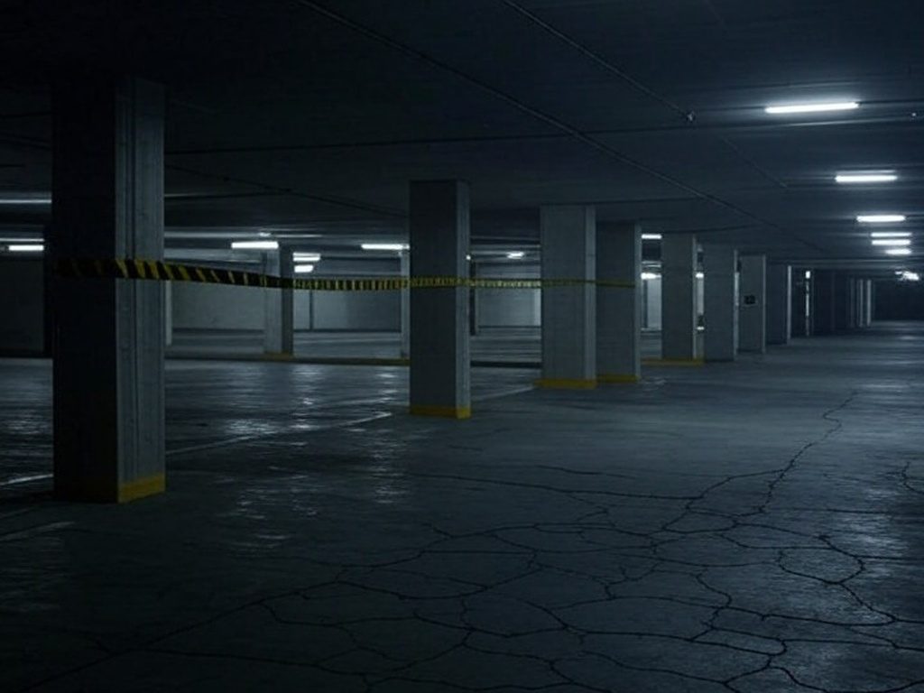 Subsolo de prédio residencial em Caldas Novas com fita de isolamento policial, cena de investigação de assassinato.