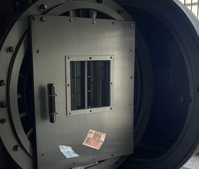 Cofre de banco aberto com poucas notas de real, representando baixa reserva antes de liquidação no Brasil.