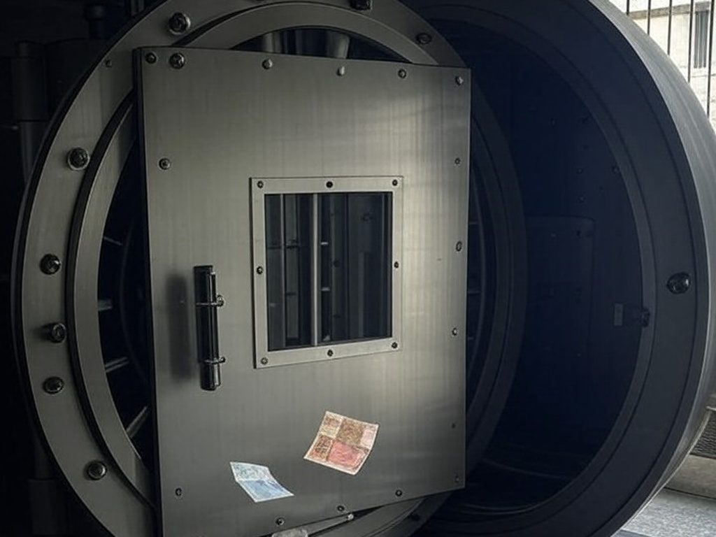 Cofre de banco aberto com poucas notas de real, representando baixa reserva antes de liquidação no Brasil.