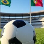 Bola de futebol em estádio brasileiro com bandeiras do Brasil e Portugal, simbolizando Daniel Alves como coproprietário de clube da terceira divisão portuguesa.