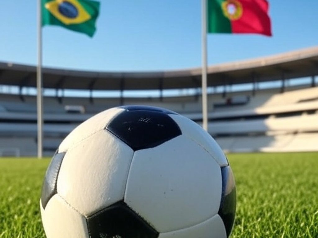 Bola de futebol em estádio brasileiro com bandeiras do Brasil e Portugal, simbolizando Daniel Alves como coproprietário de clube da terceira divisão portuguesa.