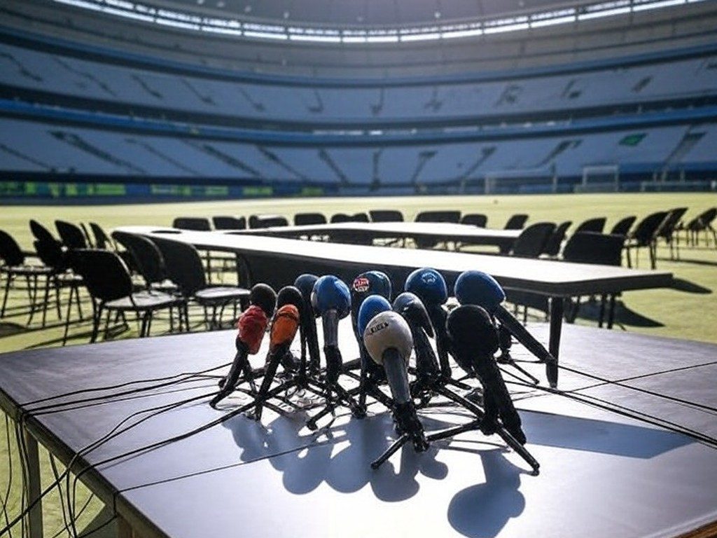 Sala de coletiva de imprensa em estádio brasileiro com mesa de microfones e atmosfera tensa, representando irritação de técnico de futebol.