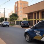 Cena de rua em Goiânia com fita de isolamento policial e viatura, representando investigação de feminicídio.