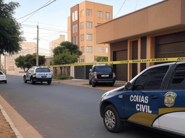 Cena de rua em Goiânia com fita de isolamento policial e viatura, representando investigação de feminicídio.