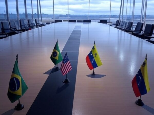 Sala de reuniões no Palácio do Planalto com bandeiras do Brasil, EUA e Venezuela, representando reunião emergencial após ataque à Venezuela.