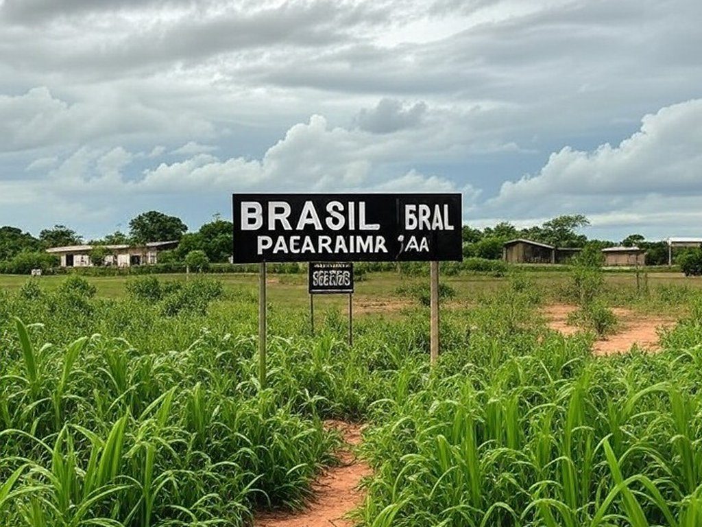 Fronteira Brasil-Venezuela em Pacaraima, com placa de divisa e vegetação amazônica, representando preocupação com eventos na Venezuela.