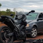 Cena de acidente fatal na GO-110 com motocicleta e carro colididos em rodovia rural de Campos Belos, Goiás.