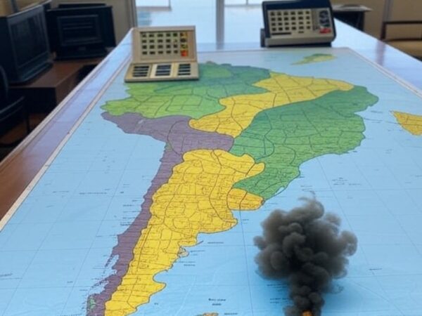 Mapa da América do Sul destacando conflito na Venezuela e polarização eleitoral no Brasil, em estilo fotojornalístico.