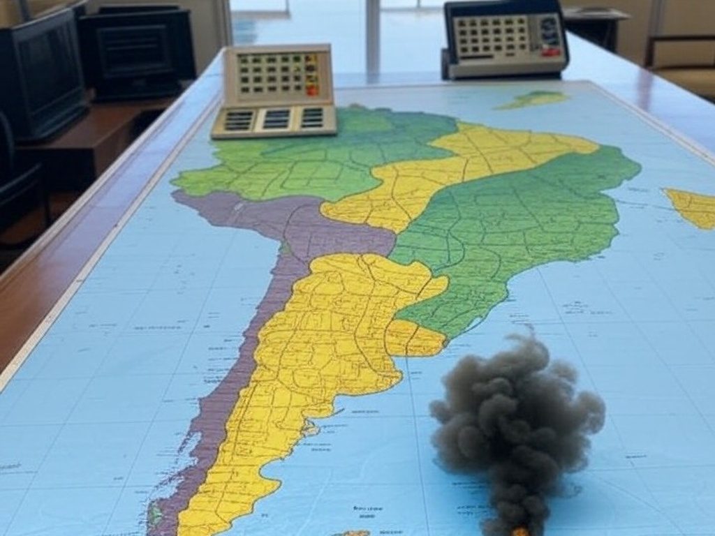 Mapa da América do Sul destacando conflito na Venezuela e polarização eleitoral no Brasil, em estilo fotojornalístico.