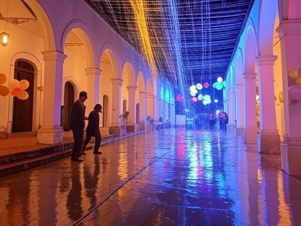 Vazamento de água no teto transforma festa Viva Piri em cascata interna em salão histórico de Pirenópolis, Goiás.