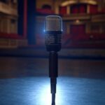 Palco de teatro brasileiro com microfone e elementos de premiação, representando ironia em evento de TV.