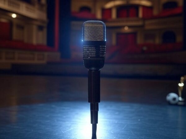 Palco de teatro brasileiro com microfone e elementos de premiação, representando ironia em evento de TV.