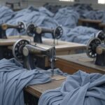 Oficina de costura em presídio brasileiro com máquinas e uniformes em produção, destacando exploração de detentos para suprir falhas estatais.