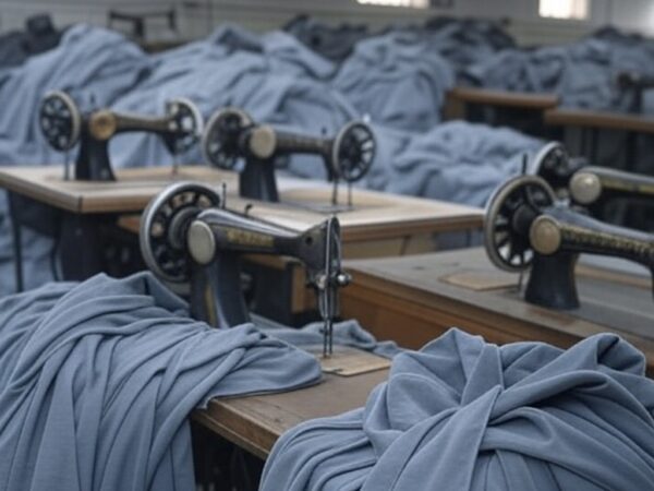 Oficina de costura em presídio brasileiro com máquinas e uniformes em produção, destacando exploração de detentos para suprir falhas estatais.