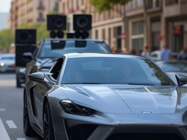 Cena de carro sendo perseguido por veículo tocando música em rua urbana espanhola.