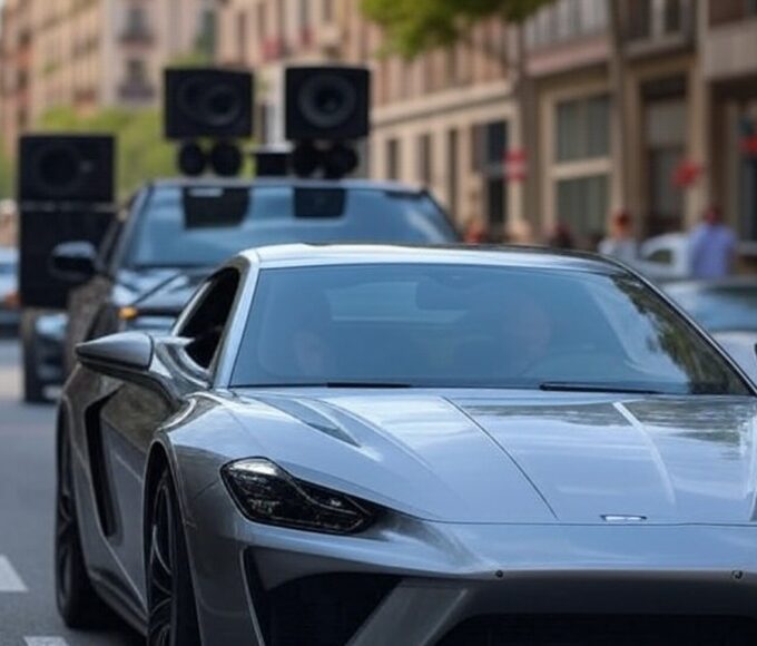 Cena de carro sendo perseguido por veículo tocando música em rua urbana espanhola.