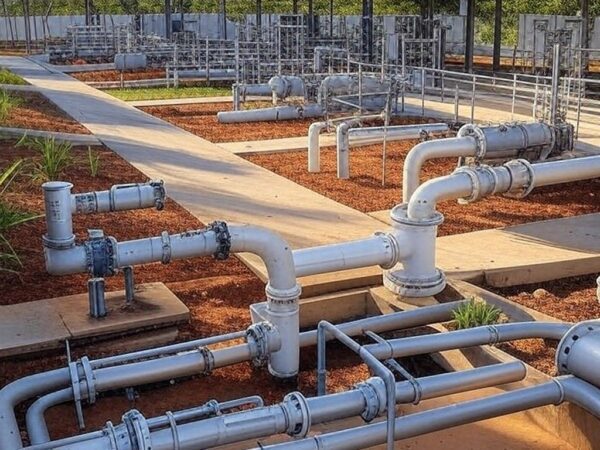 Estação de tratamento de água em manutenção em Goiânia, com tubulações e equipamentos, representando interrupção no abastecimento pela Saneago.