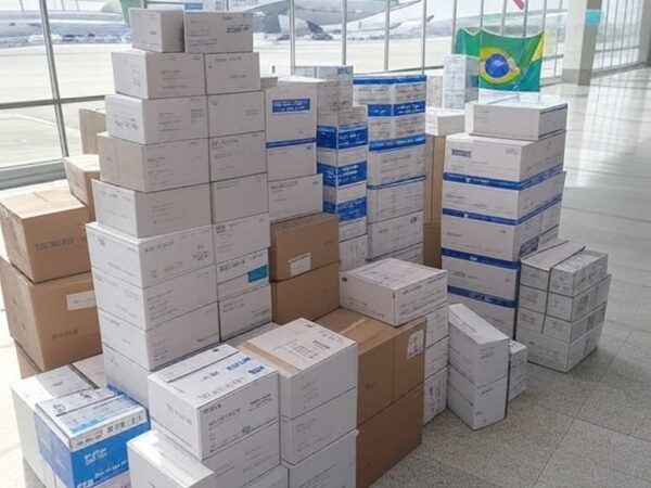 Caixas de insumos de diálise doados pelo Brasil à Venezuela em armazém de aeroporto brasileiro.