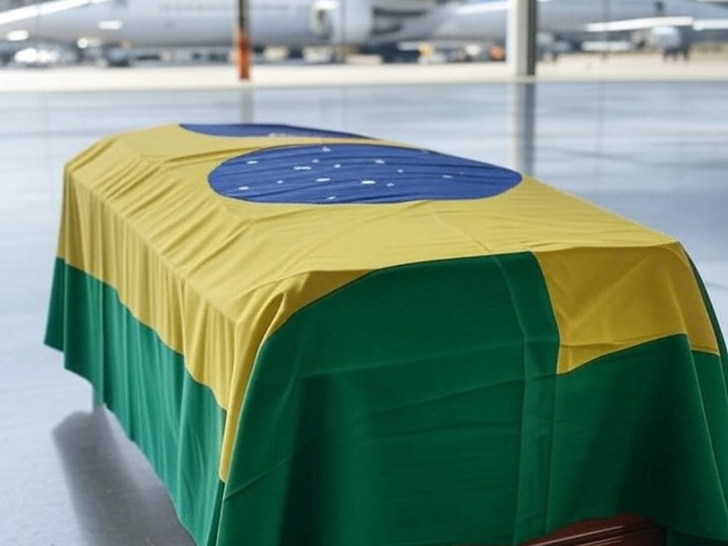 Caixão com bandeira brasileira em aeroporto, representando translado de corpo de brasileiro morto em Paris por complicações estomacais.