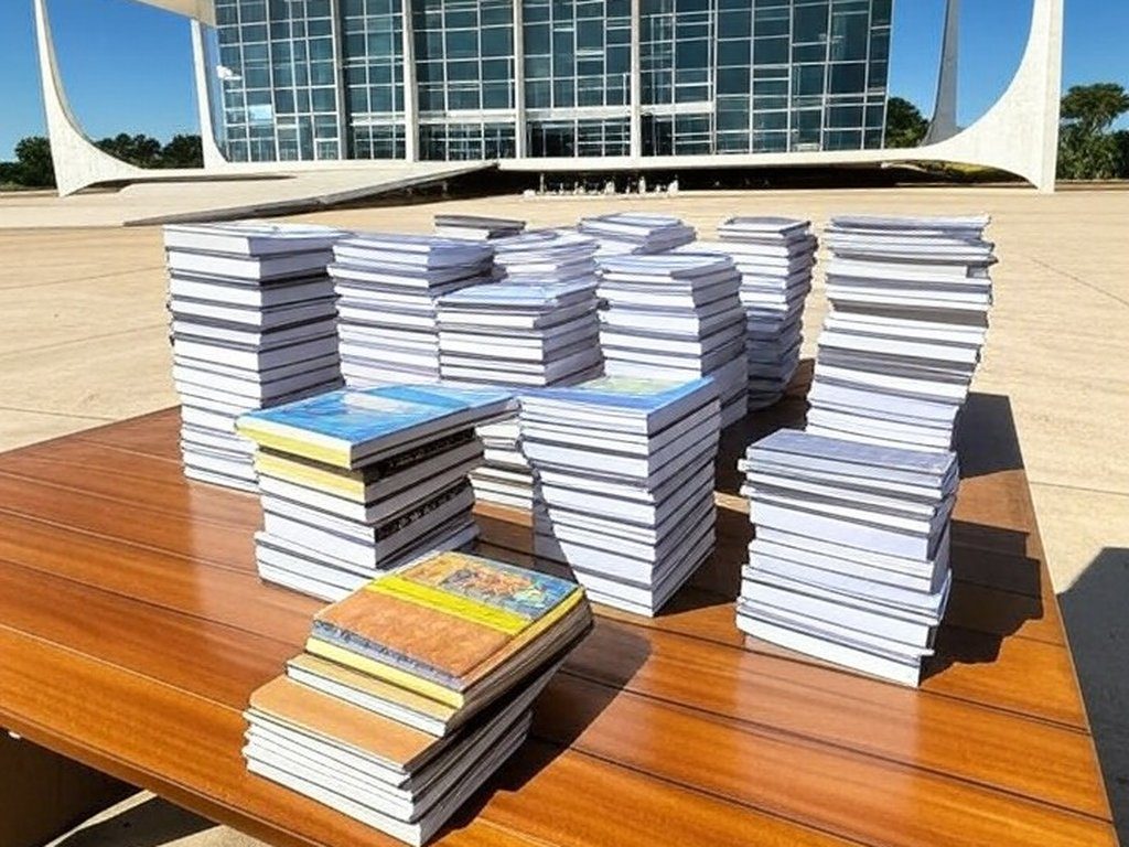 Edifício do STF em Brasília com pilhas de livros jurídicos, representando pedido de remição de pena por leitura.