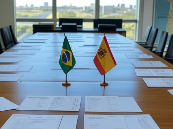 Mesa diplomática com bandeiras do Brasil e Espanha, documentos de acordo Mercosul-UE e mapa da Venezuela em Brasília.