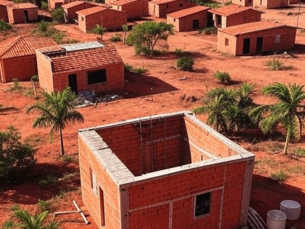 Conjunto habitacional em construção no Norte de Goiás, representando investimento do governo em moradias para famílias.