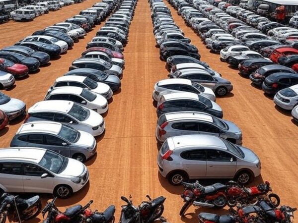 Pátio com veículos apreendidos para leilão online do TJ-GO em Goiás, incluindo carros e motos alinhados.