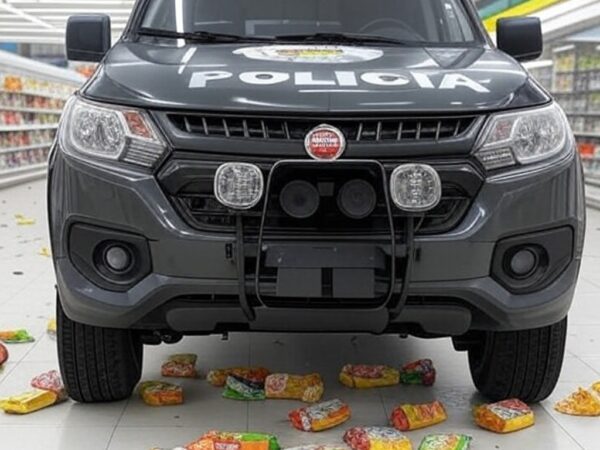 Viatura da PM invade supermercado durante perseguição a suspeito em fuga no Brasil.