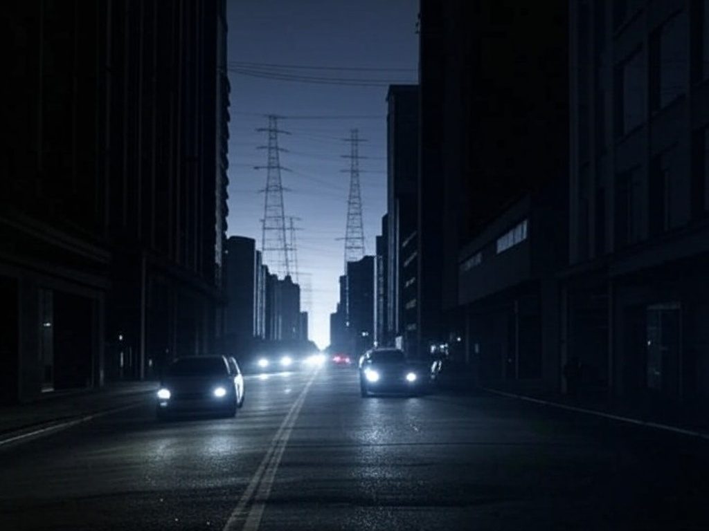 Rua em São Paulo durante apagão elétrico, edifícios no escuro e postes apagados, representando falhas da Enel.