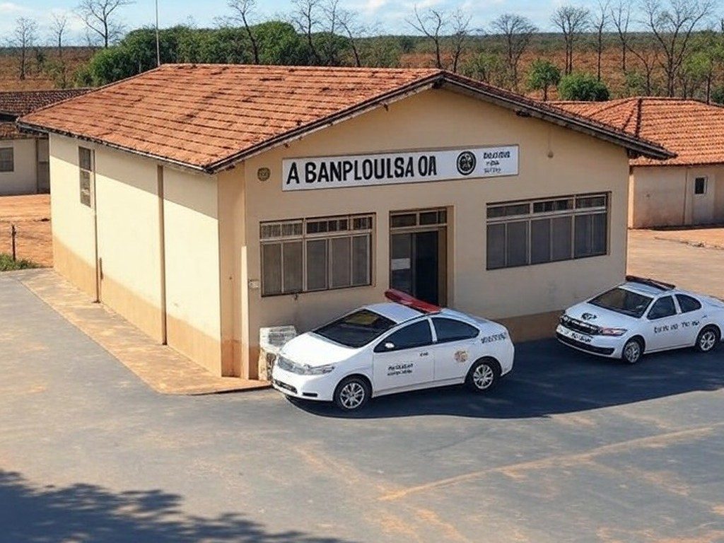 Fachada de delegacia de polícia em Serranópolis, Goiás, com viaturas policiais, representando prisão por tentativa de homicídio.