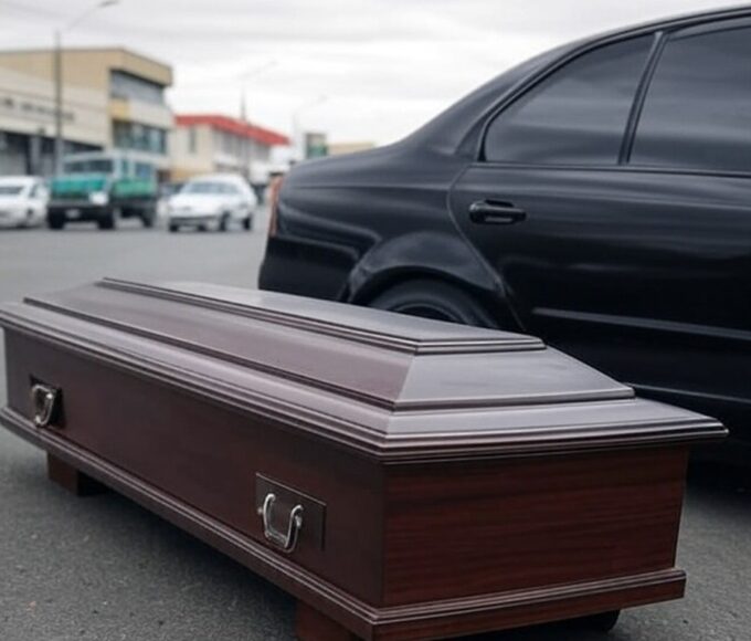 Caixão caído de carro funerário na Avenida Brasil Sul em Anápolis, Goiás, em cena urbana brasileira.