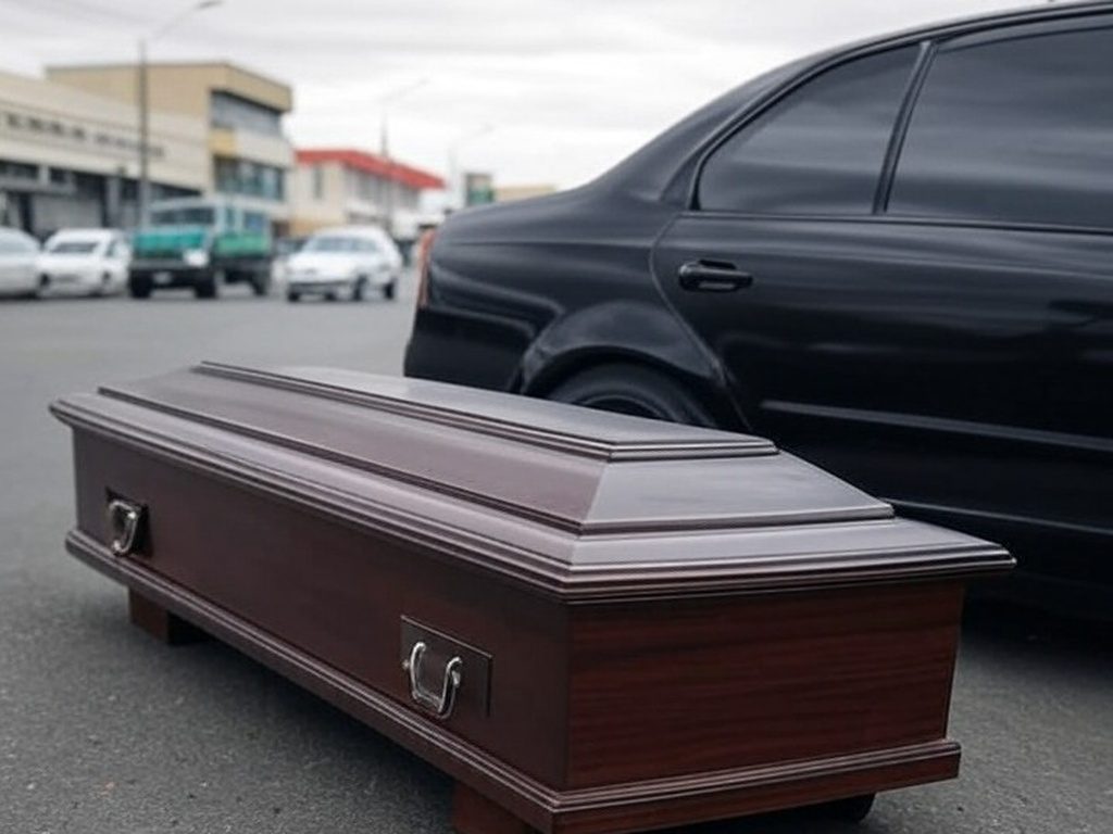 Caixão caído de carro funerário na Avenida Brasil Sul em Anápolis, Goiás, em cena urbana brasileira.