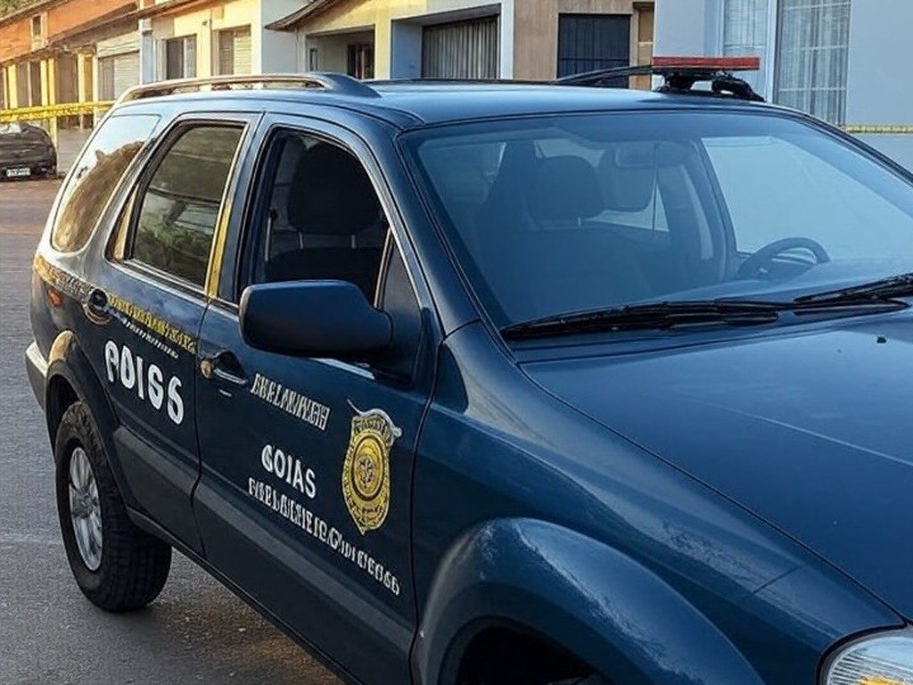 Viatura da Polícia Militar em rua de Senador Canedo, Goiás, com fita de isolamento em cena de intervenção policial.