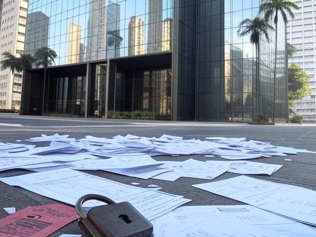 Edifício bancário em São Paulo com símbolos de fraude financeira, representando alerta sobre maior fraude bancária no Brasil.