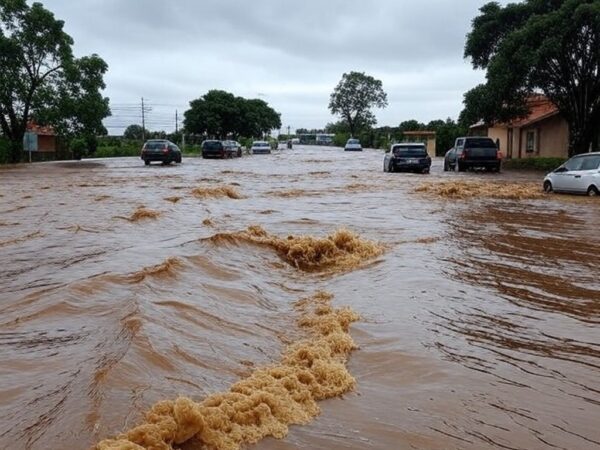 Rua inundada por enxurrada em Caldas Novas, Goiás, com água correndo e carros submersos, ilustrando tragédia por chuvas fortes.