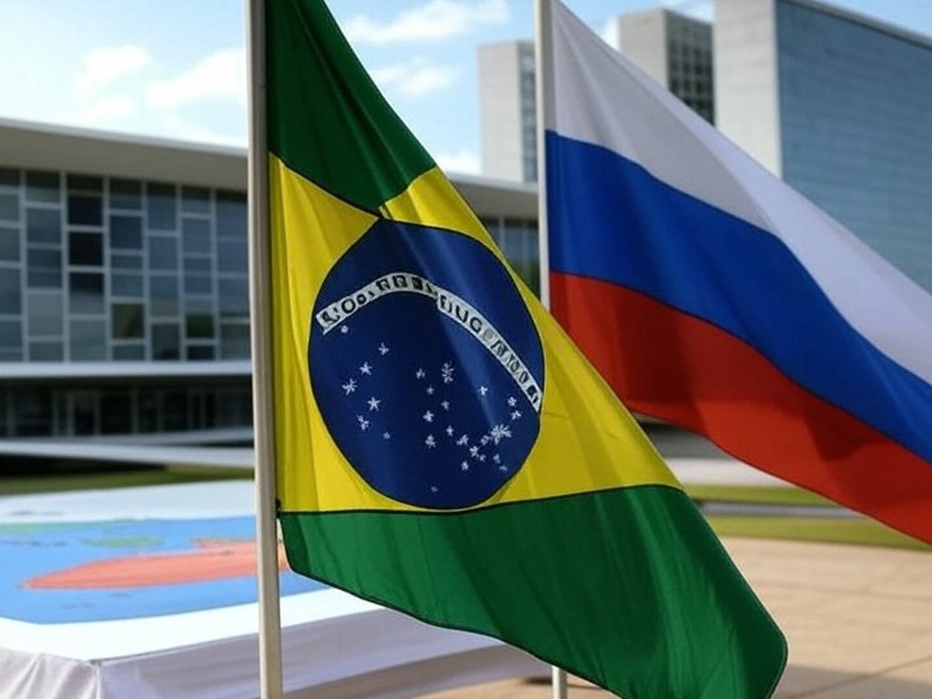 Bandeiras do Brasil e Rússia em Brasília com mapa da Venezuela, representando discussões sobre tensão na Venezuela após intervenção dos EUA.
