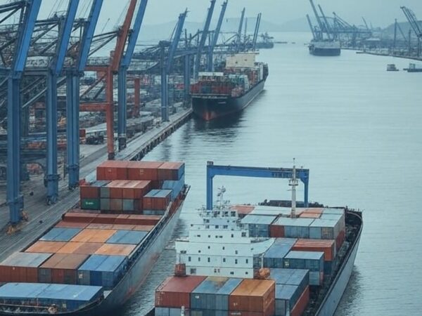 Porto brasileiro com navios de carga simbolizando comércio Brasil-Irã e impacto de sanções dos EUA.