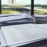 Documentos com lista de igrejas e pastores citados na CPMI do INSS, em escritório com vista para o Congresso Nacional em Brasília.
