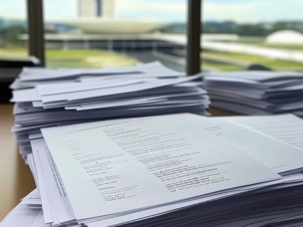 Documentos com lista de igrejas e pastores citados na CPMI do INSS, em escritório com vista para o Congresso Nacional em Brasília.