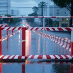 Cancelas automáticas instaladas em via de Goiânia para prevenir alagamentos, com barreiras e pavimento urbano.