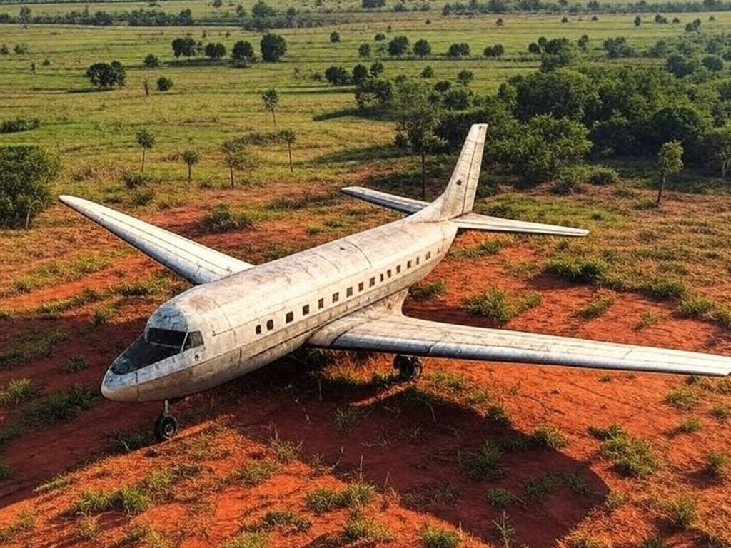 Avião antigo da Vasp como relíquia em fazenda de Urutaí, Goiás, em paisagem rural brasileira.