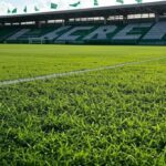 Campo de futebol do Goiás Esporte Clube em Goiânia, com bandeiras verde e branca, simbolizando contratação de jogador.