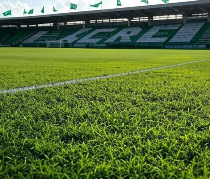 Campo de futebol do Goiás Esporte Clube em Goiânia, com bandeiras verde e branca, simbolizando contratação de jogador.