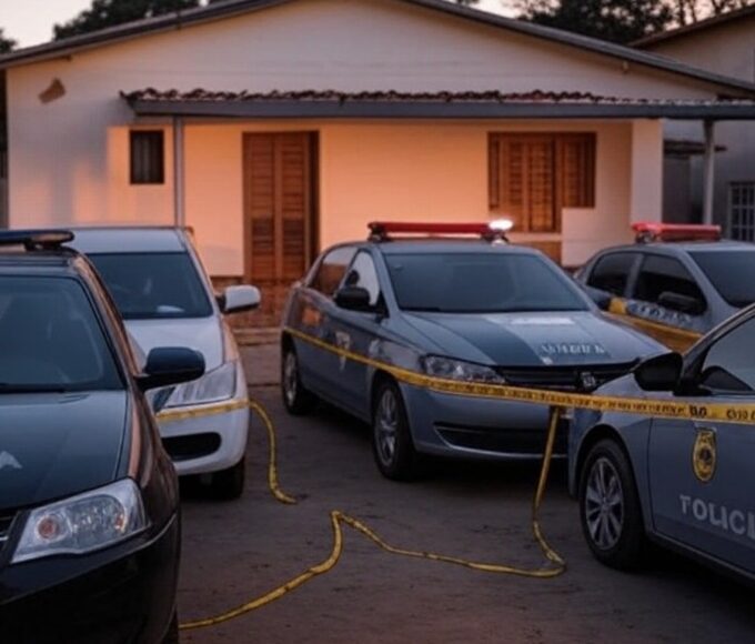 Casa em Itumbiara isolada por fita policial, com viaturas da PM, representando cena de tragédia doméstica.