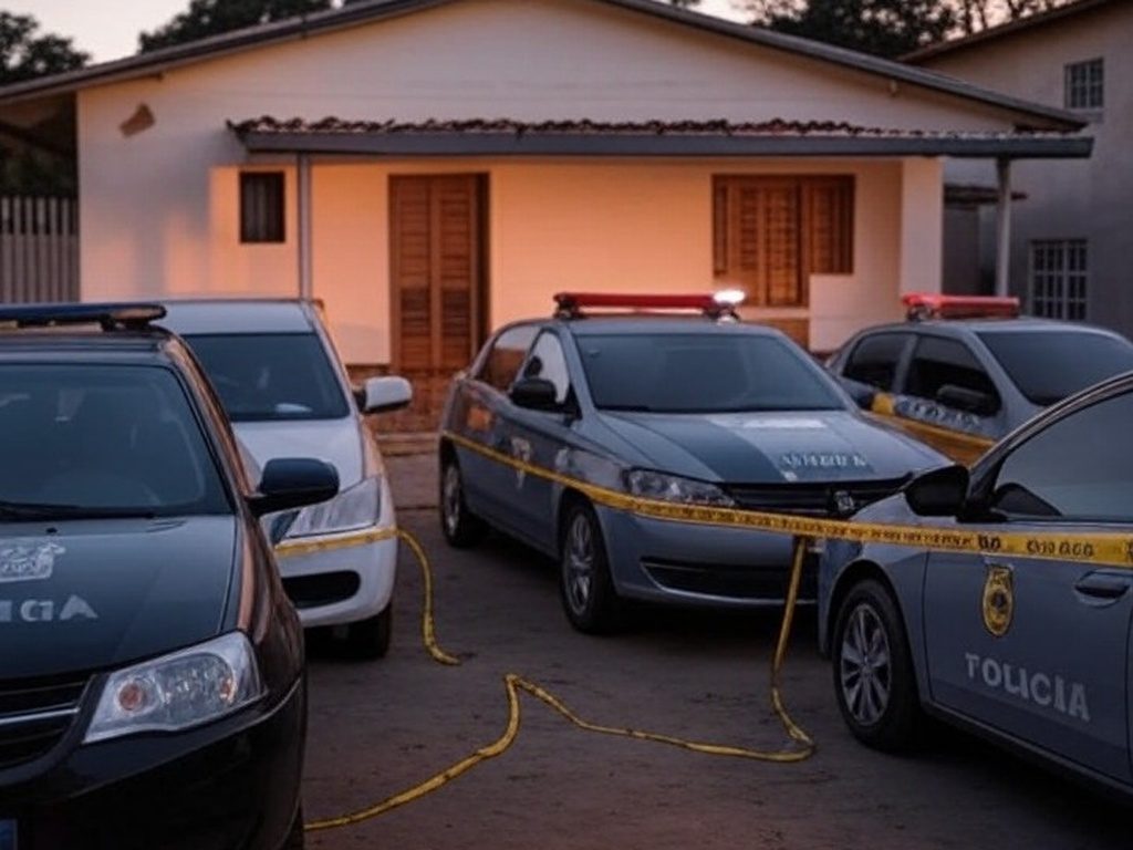 Casa em Itumbiara isolada por fita policial, com viaturas da PM, representando cena de tragédia doméstica.
