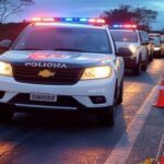 Barreira policial na GO-070 em Goiânia, com viaturas e fita de isolamento em cena de tragédia por tiroteio.