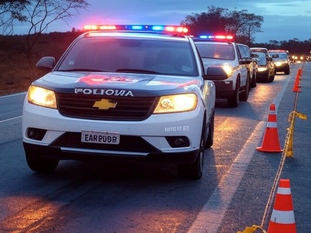 Barreira policial na GO-070 em Goiânia, com viaturas e fita de isolamento em cena de tragédia por tiroteio.