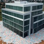 Prédio da GoiásFomento em Goiânia, com notas de real e contraste de desigualdades urbanas no cerrado goiano.