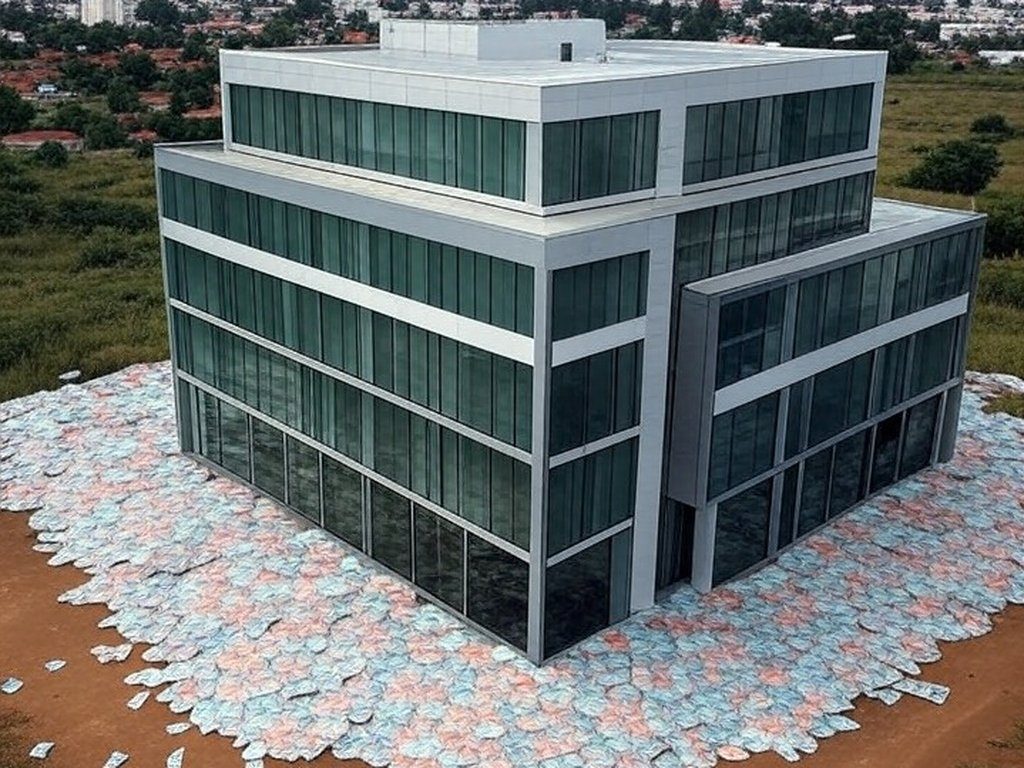 Prédio da GoiásFomento em Goiânia, com notas de real e contraste de desigualdades urbanas no cerrado goiano.