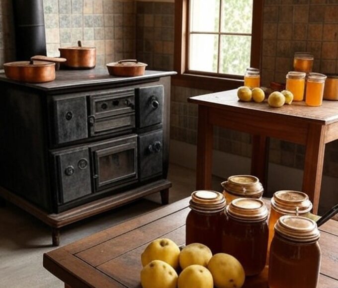 Cozinha rústica com ingredientes para receita tradicional de marmelada familiar de 200 anos no Brasil.